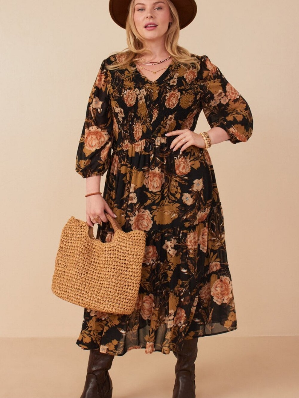 Romantic Floral Panel Smocked V Neck Dress